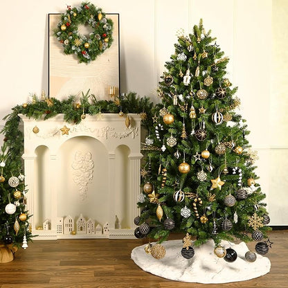 SHareconn 70pcs 2025 Classic Christmas Balls Ornaments Set, Shatterproof Plastic Baubles for Xmas Tree Holiday Wedding Party Decorations with Hanging Strings, Black, White and Gold