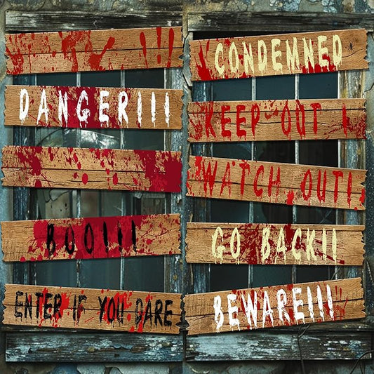 10 pcs Halloween Haunted Window Boards, 27''x 4.7'' Scary Window Warning Signs, Waterproof Bloody Beware Door Board Signs for Outdoor Halloween House Decoration Horror Themed Party