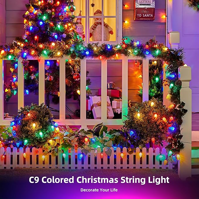 2-Set C9 LED Christmas Lights Outdoor, 97ft 150 LED Waterproof Decorative Light Strand, Extendable Green Wire String Lights for House, Roof, Christmas Tree, Patio, Party Decoration, Multicolor