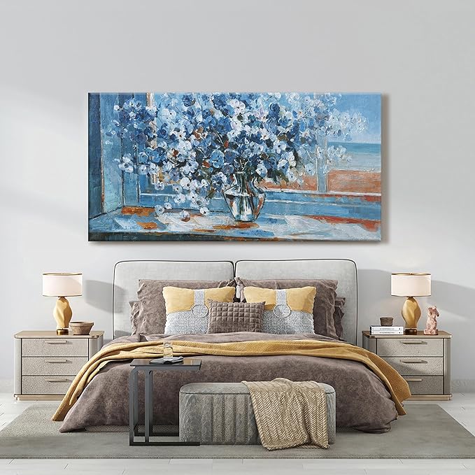 Flower Wall Art Blue Floral Wall Decor Pictures Wall Decor Canvas Prints Artwork Suitable For Living Room, Kitchen, Office And Bedroom Can Be Hung Directly 24x48 Inch