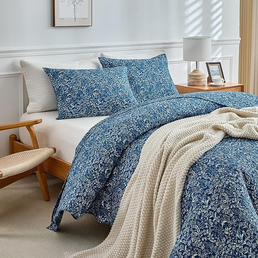 mixinni Navy Blue Quilt Set Queen Size, Garden Style Floral Bedding Set, 3-Piece Lightweight Quilted Bedspread Coverlet Set for All Season