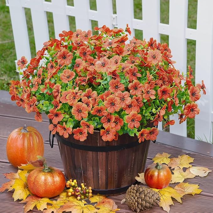 Artificial Fake Fall Mums Flowers Plants for Outdoor Outside Decoration, 12 Bundles Faux Silk Orange Daisy UV Resistant Look Real for Autumn Front Door Porch Planter Patio Garden Home