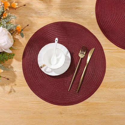 SHACOS Round Placemats Set of 6 for Dining Table 15 inch Round Braided Place Mats Washable Non Slip Kitchen Table Mats, Burgundy