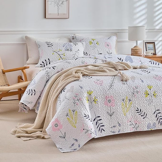 mixinni 3-Piece Quilt Set Flower Leaf Bedspread Lightweight Coverlet Set Garden Style Floral Printed Farmhouse Quilted Bedding Set with Shams for All Season, Queen Size