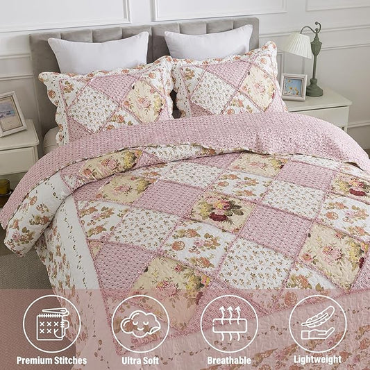 NEWLAKE Quilt Set Queen Size, Bedspread Sets Pink Botanical Floral, Reversible Quilt Bedding Set Lightweight and Breathable for All Seasons, Soft Quilted Bedspread with 2 Pillow Shams