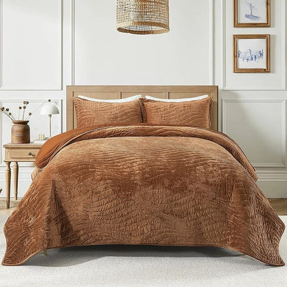 HoneiLife Velvet Quilts King Size - Bedspreads for King Beds, King Quilt Bedding Sets 3-Pieces, Lightweight Coverlets-Camel
