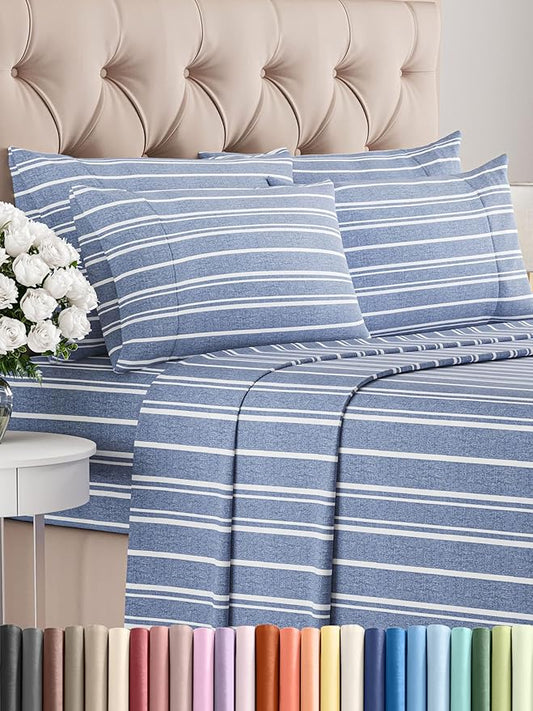 CGK Linens Queen 6 Piece Sheet Set - Cooling Sheets for Hot Sleepers - Hotel Luxury Bedding Set w/ 8-16 Inch Deep Pockets - 1 Flat & 1 Fitted & 4 Pillowcases - Soft, Cozy & Wrinkle Free - Blue Stripes