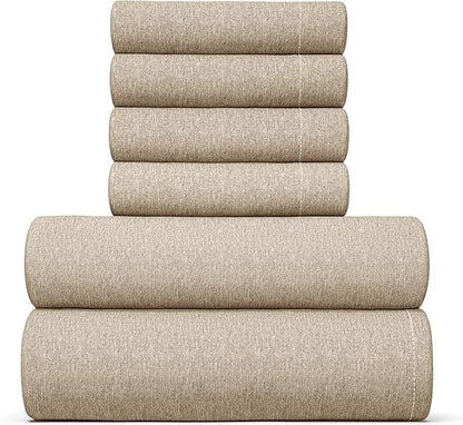 CGK Linens Queen 6 Piece Sheet Set - Cooling Sheets for Hot Sleepers - Hotel Luxury Bedding Set with 8-16 Inch Deep Pockets - 1 Flat & 1 Fitted & 4 Pillowcases - Soft & Wrinkle Free - Heathered Beige