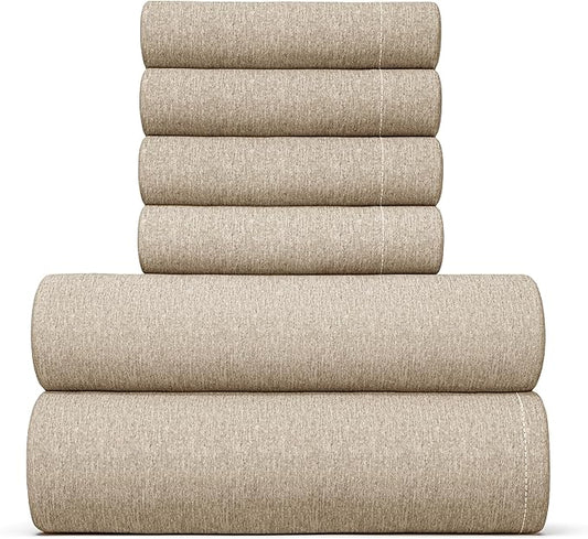 CGK Linens Full 6 Piece Sheet Set - Cooling Sheets for Hot Sleepers - Hotel Luxury Bedding Set with 8-16 Inch Deep Pockets - 1 Flat & 1 Fitted & 4 Pillowcases - Soft and Wrinkle Free - Heathered Beige