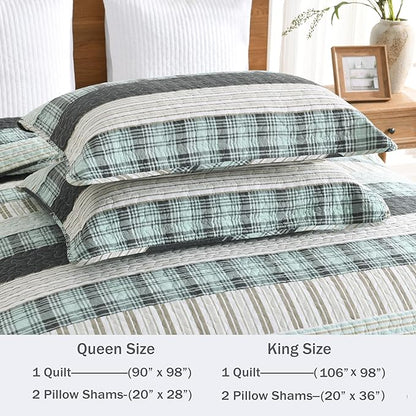 Homzard King Comforter,Cotton King Size Quilt,Teal Black White Bedding Set,Plaid Striped Bedspread，Lightweight Reversible Coverlet All Season 3 Pieces