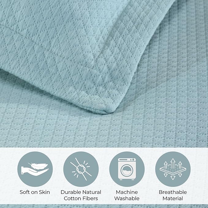 Superior Solitaire Cotton 3 Piece Bedspread Set, Home Bed Decor, Decorative Textured Bed Spread, 2 Pillow Shams, Airy Blanket, Matelasse Coverlet Bedding, All-Season Accent Blanket, King, Aqua