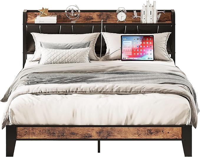LIKIMIO Full Size Bed Frame, Storage Headboard with Charging Station, Solid and Stable, Noise Free, No Box Spring Needed, Easy Assembly (Vintage and Black)
