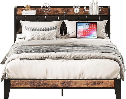 LIKIMIO Full Size Bed Frame, Storage Headboard with Charging Station, Solid and Stable, Noise Free, No Box Spring Needed, Easy Assembly (Vintage and Black)