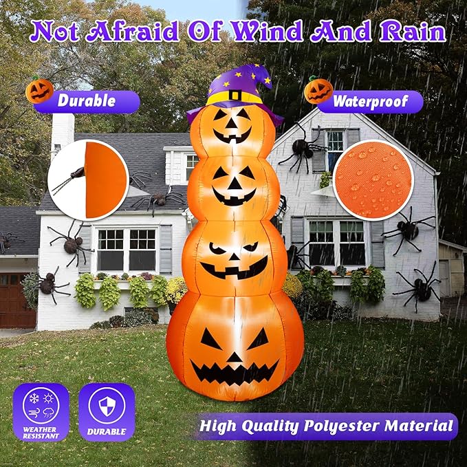 B&D 8FT Halloween Inflatable Outdoor Decoration Stacked Pumpkins with Witch’s Hat, Inflatable Halloween Decorations Blow up Pumpkin Built-in LEDs for Holiday Party Indoor Outdoor Yard Garden Lawn