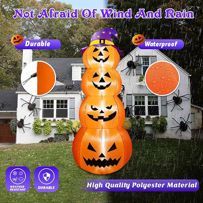 B&D 8FT Halloween Inflatable Outdoor Decoration Stacked Pumpkins with Witch’s Hat, Inflatable Halloween Decorations Blow up Pumpkin Built-in LEDs for Holiday Party Indoor Outdoor Yard Garden Lawn