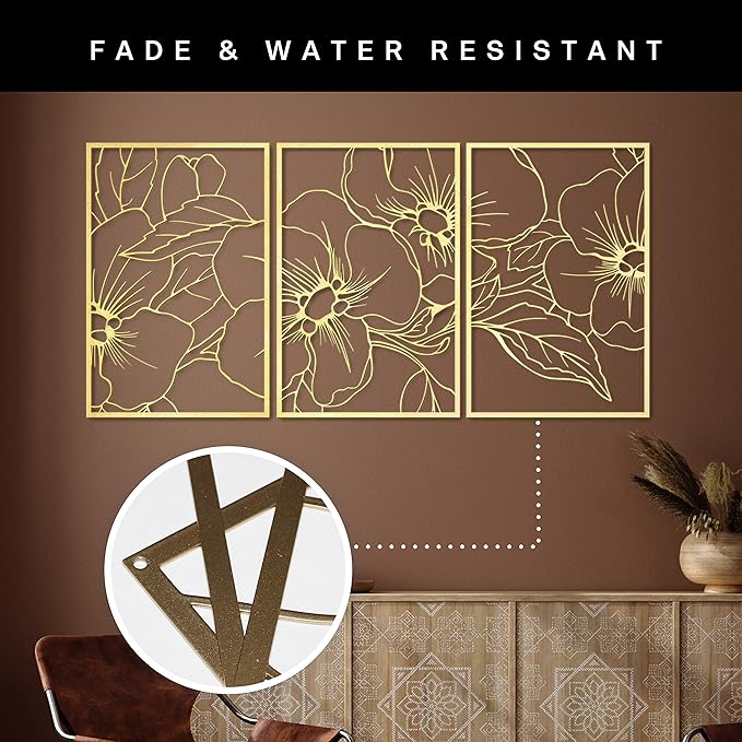 Vivegate Gold Minimalist Floral Single Line Metal Wall Art Decor - 18"X12" 3 Packs Gold Floral Abstract Minimalist Lines Wall signs for Hanging home wall decor