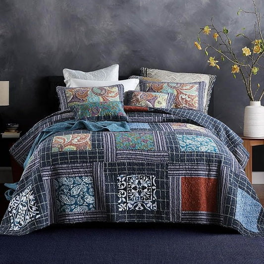 mixinni 100% Cotton Gorgeous Floral Quilt Set, King Size Quilted Bedding Set, Boho Reversible Navy Blue Patchwork Paisley Pattern Bedspread Coverlet Set with 2 Pillow Shams for All Seasons (106"x98")