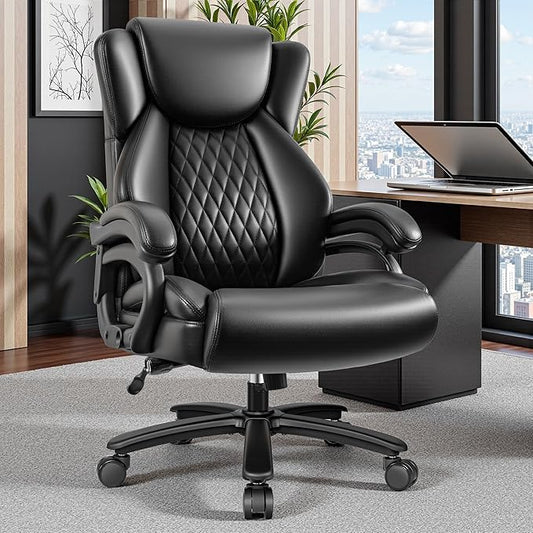 Big and Tall Office Chair 500lbs, Heavy Duty Executive Desk Chair with Adjustable Lumbar Support, Comfy Padded Cushion, Ergonomic PU Leather Home Computer Chair with Extra Wide Seat, Black