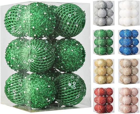 3.15" Christmas Ball Ornaments Glitter Shatterproof Christmas Tree Ornaments Sequin Xmas Hanging Balls Decorations for Wedding Party Holiday(Green, 12pc-8cm)