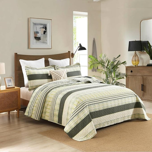 Homzard King Quilt - Cotton Comforter Set King Size, Army Green Yellow Striped Quilt Set,Olive Green Plaid Bedding Bedspread, Lightweight Farmhouse Bedding Set 3 Pieces All Season