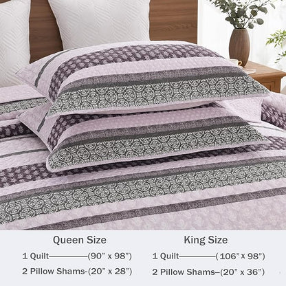 Homzard King Size Comforter Set, Cotton Quilt, Purple and Grey Bedding Set, Lightweight Striped Bedspread, Reversible Coverlet King Size (106"X98") with 2 Pillow Shams All Season