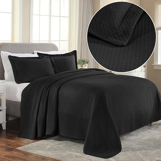 Superior Solitaire Cotton 3 Piece Bedspread Set, Home Bed Decor, Decorative Textured Bed Spread, 2 Pillow Shams, Airy Blanket, Matelasse Coverlet Bedding, All-Season Accent Blanket, Full, Black