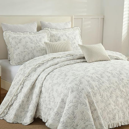 MarCielo 3-Piece 100% Cotton Bedspread Lightweight Quilt Coverlet Embroidery Farmhouse Bedding Set (Floral,King (106" X 98"))