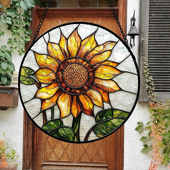 Stained Glass Window Hanging - Sunflower Flower Suncatcher Ready to Hang Window Doors Home Decoration and Christmas, Mother's Day Birthday Gifts for Women, Men, and Mom 14.9x14.9 in