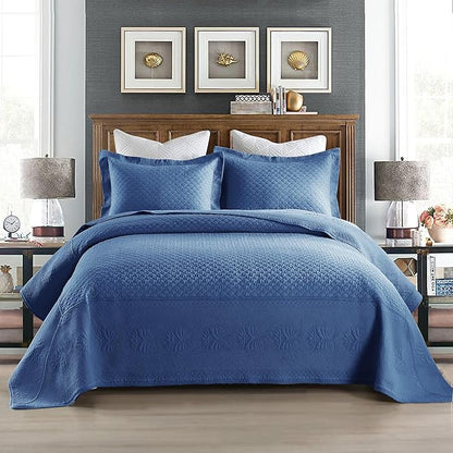 MarCielo 3-Piece 100% Cotton Oversized Bedspread Lightweight Quilt Coverlet Embroidery Farmhouse Bedding Set (TM Midtone Blue, Oversized Queen (100"x106"))