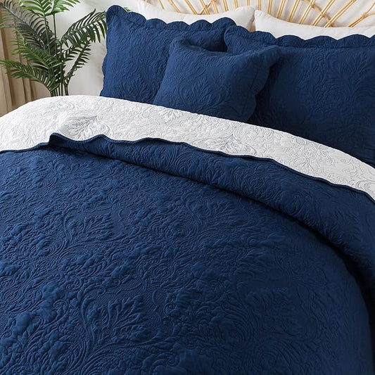 HoneiLife Queen Quilt Bedding Set - Microfiber Quilt Sets for Queen Bed, 3-Piece Lightweight Bedspreads,Reversible Coverlets Rustic Bed Cover, Floral Bedding Set All Season Quilts-Navy