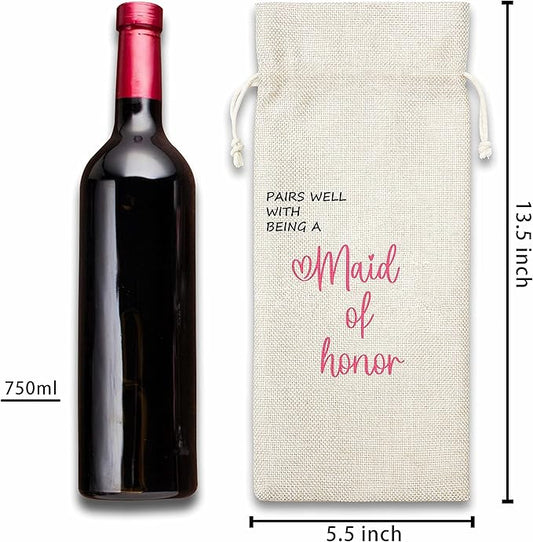 Maid Of Honor Gift Wine Bag,Gift For Wedding,Bridal Showr,Cotton linen Drawstring Wine Bag(1 Pcs) - WB016