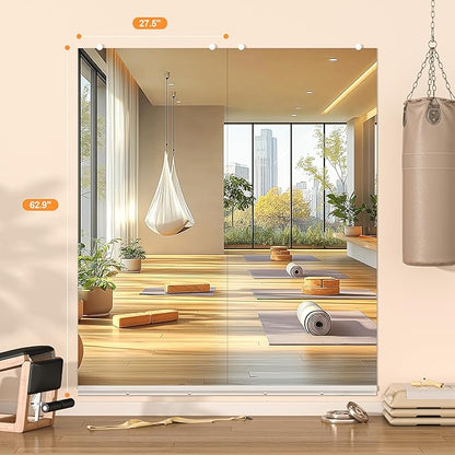 Hasipu Home Gym Mirror, 63"x28" Each, 1-Pack Frameless Wall Mounted Mirrors with Glass Clamps & Aluminum Rail, Large Body Mirror for Home Gym, Yoga Studio, Bedroom, Silver Tempered Glass