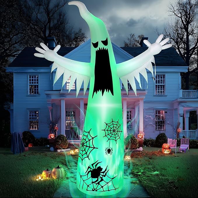 Joiedomi 12 FT Halloween Inflatables Giant Ghost Outdoor Decorations, Halloween Blow Up Ghost Yard Decorations with 3-Colored Flashing Flame Light for Lawn Party Scary Decor