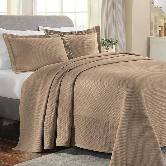 Superior Solitaire Cotton 3 Piece Bedspread Set, Home Bed Decor, Decorative Textured Bed Spread, 2 Pillow Shams, Airy Blanket, Matelasse Coverlet Bedding, All-Season Accent Blanket, Queen, Taupe