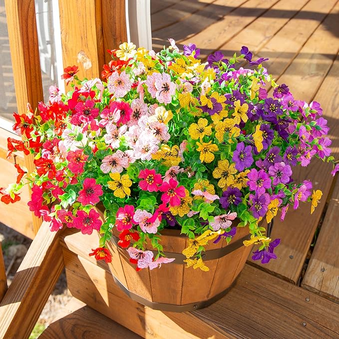 Artificial Flowers for Outdoor Indoor Garden Home Decoration, Faux Flower Daisy with Eucalyptus Leaves Fake Plants Greenery Boxwood Porch Patio, 12 Bundles (6 Multicolor)