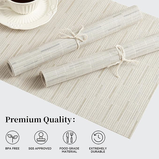 Leetaltree Pale Beige Placemats Set of 6 - Heat Resistant Non-Slip Place mats for Dining Table, Washable Durable PVC Vinyl Woven Table Mats（Pale Beige, 6）