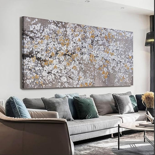 Large Botanical Wall Art Floral Canvas Landscape Wall Art Textured Picture Abstract Botanical Modern Gold White Print Artwork For Living Room Bedroom Office Home Decor 30"X60"