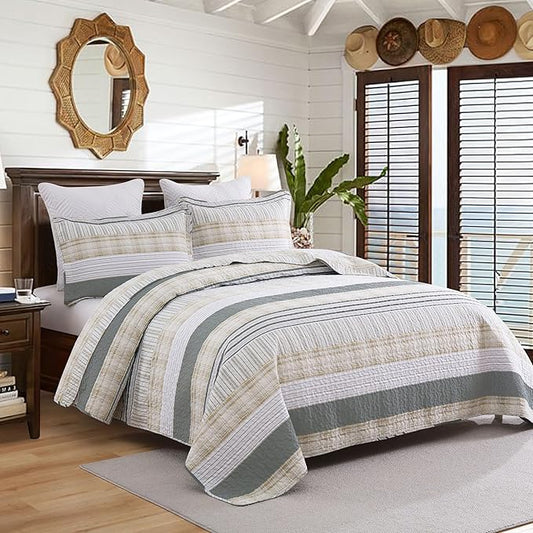 Homzard Twin Quilt, Cotton Comforter Set, Cream Grey Quilt Bedding,Reversible Lightweight Twin Bedspread,2 Pieces