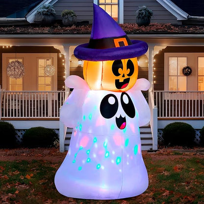 Joiedomi 5 FT Tall Halloween Inflatable Outdoor Decor, Blow Up Yard Decoration Ghost with Colorful LEDs, Inflatable Ghost with Pumpkin Witch Hat for Halloween Outdoor Decoration