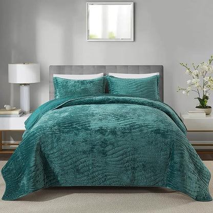HoneiLife Queen Size Quilt Sets - Velvet Quilt for Queen Beds, Lightweight Bedspreads Solid Coverlets Queen Quilt Bedding Sets 3-Pieces, Blue-Green