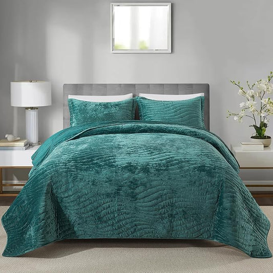 HoneiLife Queen Size Quilt Sets - Velvet Quilt for Queen Beds, Lightweight Bedspreads Solid Coverlets Queen Quilt Bedding Sets 3-Pieces, Blue-Green