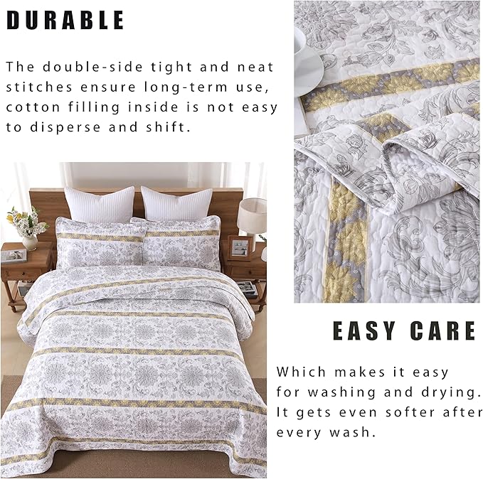 Homzard King Size Quilt - Cotton King Size Comforter Set,Grey Yellow White Striped Bedspread,Paisley Quilt Bedding,Lightweight Bedding with Two Pillow Shams