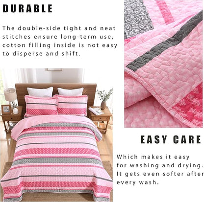 Homzard King Size Comforter Set, Cotton Quilt, Hot Pink Grey Bedding Set,Lightweight Striped Bedspread, Reversible Coverlet King Size (106"X98") with 2 Pillow Shams All Season