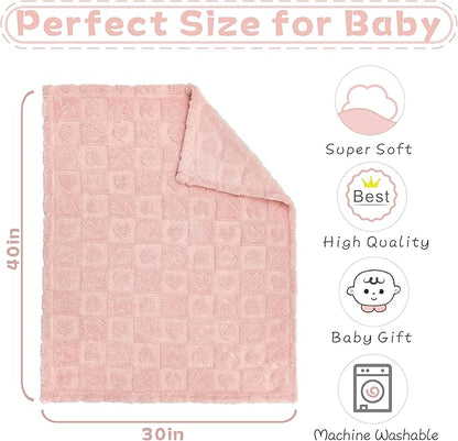 Fleece Baby Blanket Heart Checkered Blanket, Ultra Soft Cozy Baby Blankets for Girls Boys, Fluffy Infant Toddler Newborn Receiving Blankets for Crib Stroller 30”×40” (Light Pink)