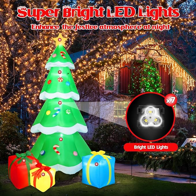 B&D 10FT Giant Inflatable Christmas Tree with Gift Box, Built-in LEDs - Outdoor Decoration for Holiday Party & Garden Lawn