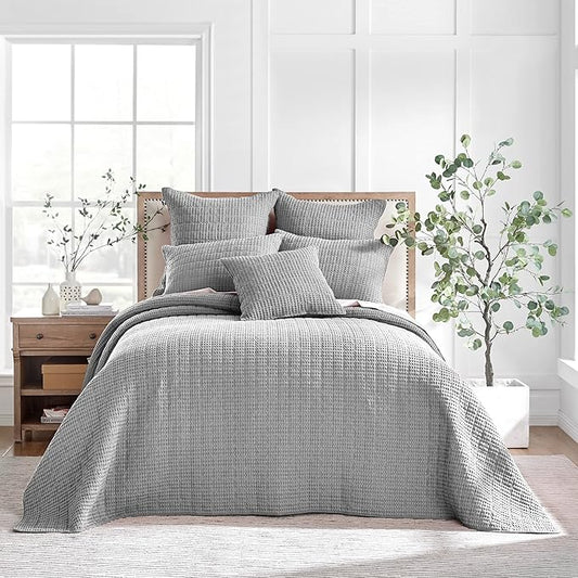 Levtex Home Mills Waffle Queen Bedspread Set (106x106in) with 2 Pillow Shams (26x20in) - Grey - Cotton Waffle Queen Size Bedspread Set - Lightweight, Soft, Pre-Washed
