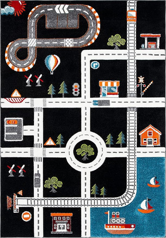 SAFAVIEH Carousel Kids Collection Area Rug - 5'3" x 7'6", Black & Ivory, Non-Shedding & Easy Care, Ideal for High Traffic Areas for Boys & Girls in Playroom, Nursery, Bedroom (CRK192Z)