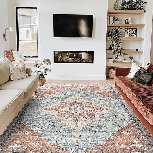 Living Room Area Rugs 8x10 Machine Washable Mid Century Modern Boho Extra Large Indoor 70s Vintage Eclectic Colorful Bohemian Rug for Bedroom,Terracotta Rust Burnt Orange and Turquoise Blue