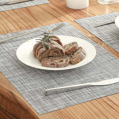 Leetaltree Linen Grey Placemats Set of 6 - Heat Resistant Non-Slip Place mats for Dining Table, Washable Durable PVC Vinyl Woven Table Mats（Linen Grey, 6）