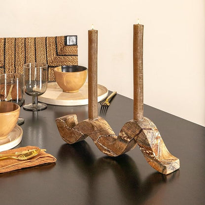 Bloomingville Marble Wave Double Taper Candle Holder, Brown Forest